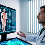 A futuristic doctor using AI to diagnose a patient with advanced technology, holographic screens displaying medical data, in a clean, modern hospital setting.