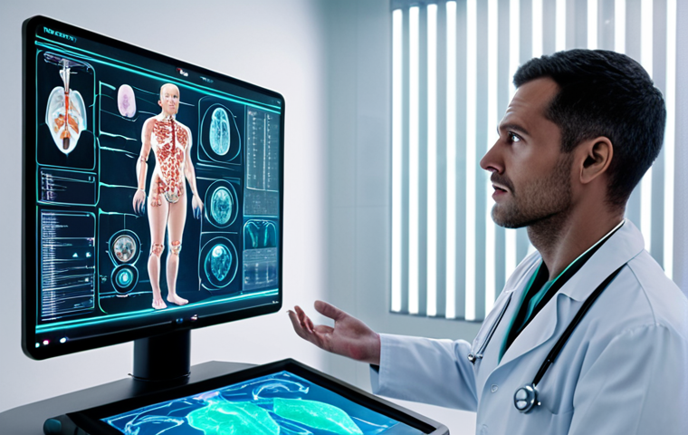 A futuristic doctor using AI to diagnose a patient with advanced technology, holographic screens displaying medical data, in a clean, modern hospital setting.